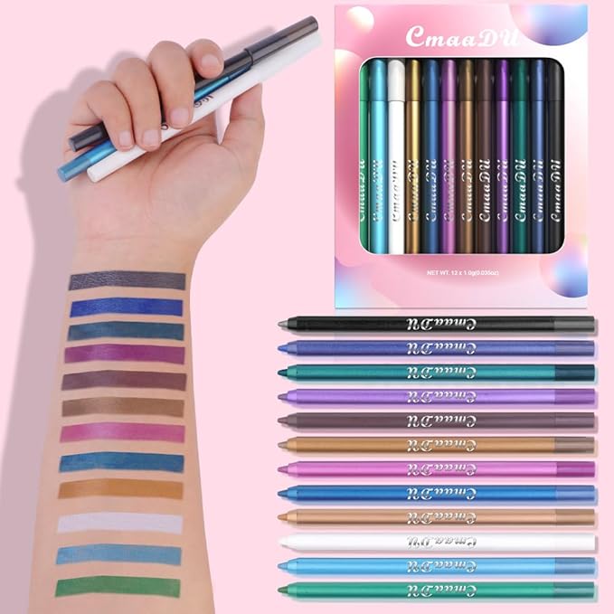 12 Colorful Eyeliner Pen Set, Eye Shadow Pencil, Pearl Eyeliner Kit Metallic Glitter Colored Eye liner for Women Eye&Lip Liner Professional Waterproof Eye Makeup