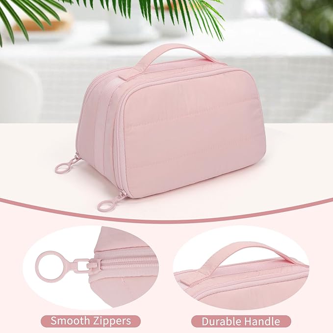 OCHEAL Travel Makeup Bag - Wide Open Cosmetic Bag for Women Make up with Two Compartments, Portable Lightweight Roomy Organizer Toiletry Bag for Girls Skincare tools Accessories-Pink