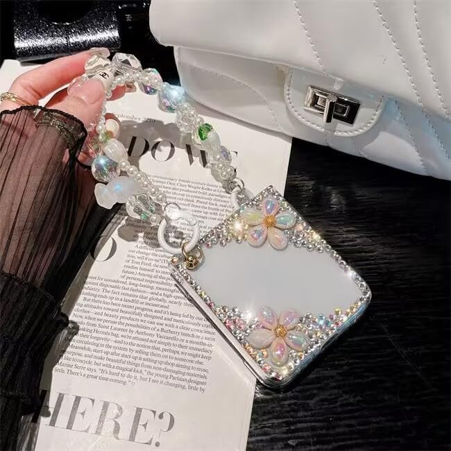 Sparkle Case for Samsung Galaxy Z Flip 5 5G with Chain,Women Girls Cute Bling Glitter Case Flower Pearl Diamond Crystal Rhinestone 3D Handmade with Bracelet Wristband Strap Keychain(Pink)