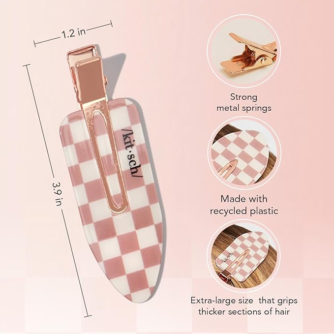 Kitsch Extra Large Creaseless Hair Clips for Women, No Bend No Crease Hair Clips, Recycled Acrylic Makeup Clip, Hairstyling - Terracotta (Checkered), 2pcs