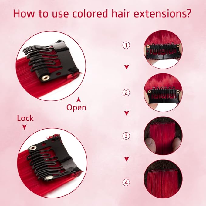 20 Inch Colored Hair Extensions Party Highlights Straight Colorful Clip In Hair Extensions Synthetic Rainbow Hairpieces for Girls Kids Gift(10Pcs Red)
