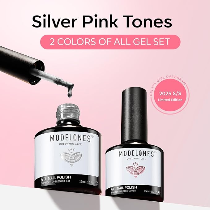 modelones Cat Eye Gel Nail Polish, 2 PCS 15ML Pink Sliver Holographic 9D Cat Eye Glitter Multichrome Silver Pink Shades Polish with Magnet Soak Off Led Nail Art Gel DIY Salon Gift