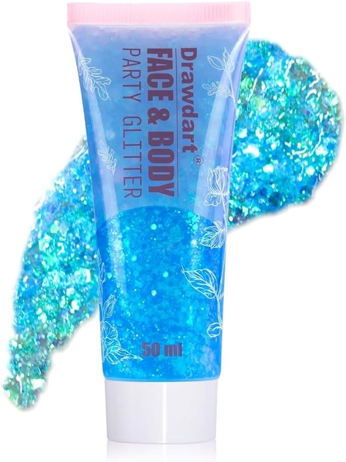 Light Blue Face & Body Glitter,Chunky Glitter for Face Body Eye Lip Hair,Singer Concerts Iridescent Face Paint Glitter Makeup 50ml,Easy Application & Removal