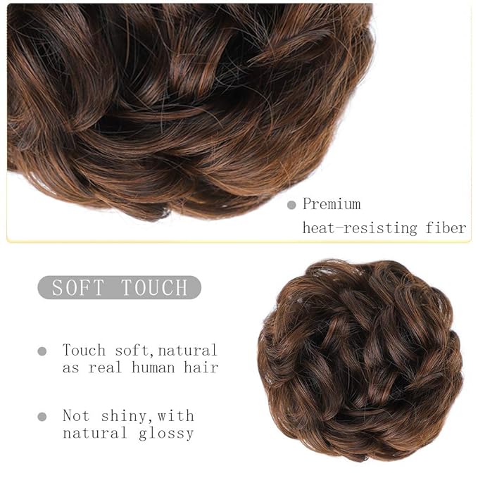 MORICA 2PCS Messy Bun Hair Piece, Fake Hair Extension Curly Wavy Synthetic Chignon Scrunchies Ponytail Hair Pieces for Thin Hair, Women (Dark Brown & Light Auburn Mixed)
