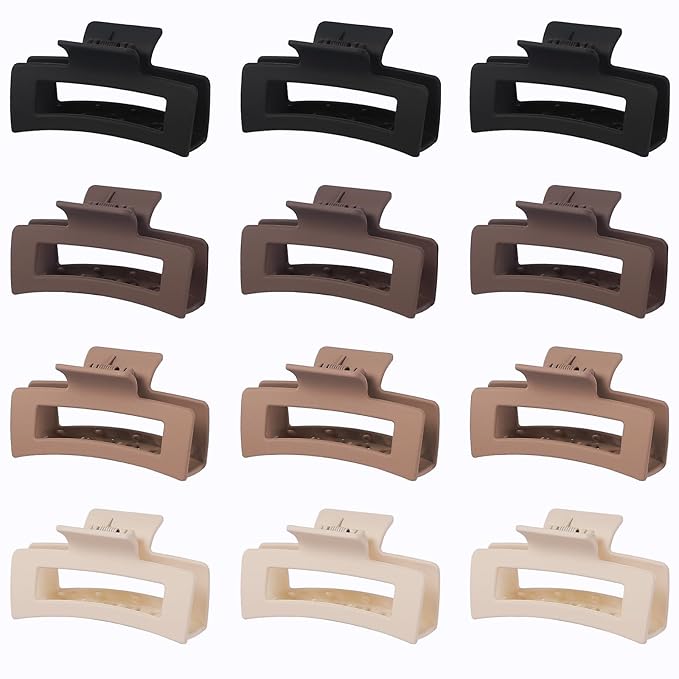 3.5 Inch Medium Hair Claw Clips 12 Pcs Square Claw Clips for Thick and Thin Hair Rectangular Rectangle Hair Clips Jaw Clips Bulk Hair Accessories for women and Girls - Brown