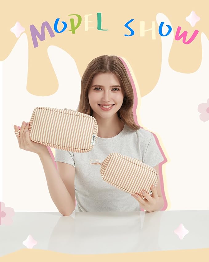 Narwey Small Makeup Bag for Purse Travel Makeup Pouch Mini Cosmetic Bag Zipper Pouch for Women (Brown Stripe, Small)