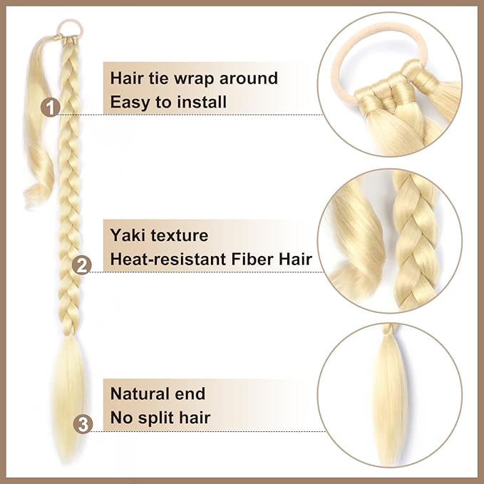 2 Pack Long Braided Ponytail Extension with Hair Tie Straight Wrap Around Braided Ponytail Extension(613#)