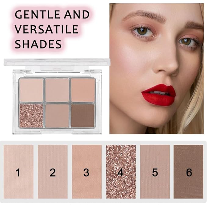 6 Colors Glitter Matte Eyeshadow Palette, Natural Nude Brown Coffee Shimmer Sparkly Eye Shadow Makeup, Warm Pastel Eyeshadows Palette Long Lasting Waterproof Naturing-Looking Women Girls Eye Shadow 02