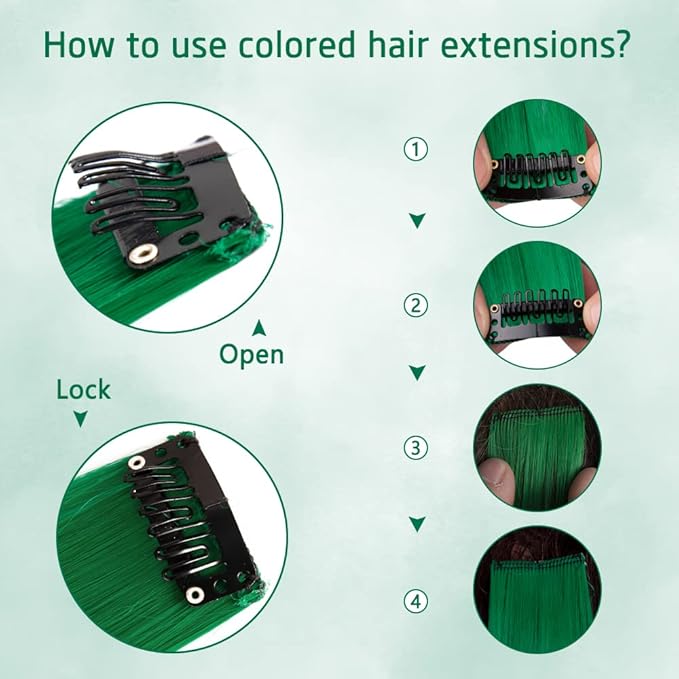 20 Inch Colored Hair Extensions, Party Highlights Straight Colorful Clip In Hair Extensions, Synthetic Rainbow Hairpieces for Girls Kids Gift(10Pcs Green)