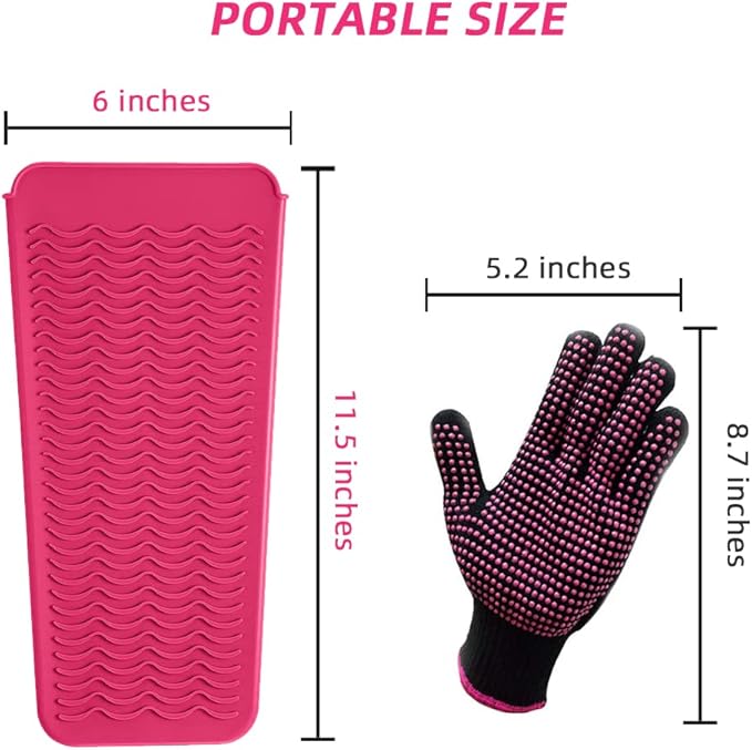 Heat Resistant Silicone Mat Pouch and Glove for Curling Irons, Hair Straightener, Flat Irons and Hair Styling Tools 11.5" x 6", Food Grade Silicone, Pink