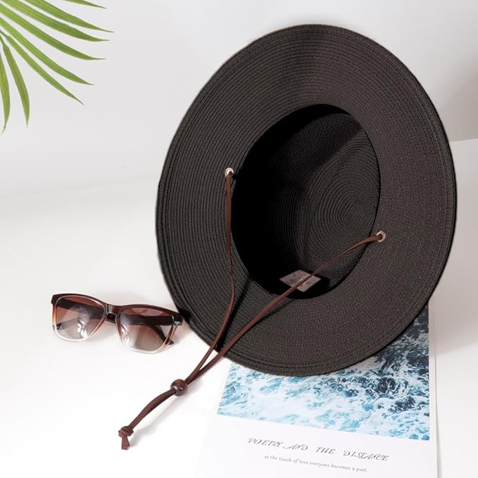 DRESHOW Women Straw Panama Hat Travel Fedora Beach Sun Hat Summer Wide Brim Straw Roll up Hat UPF 50+