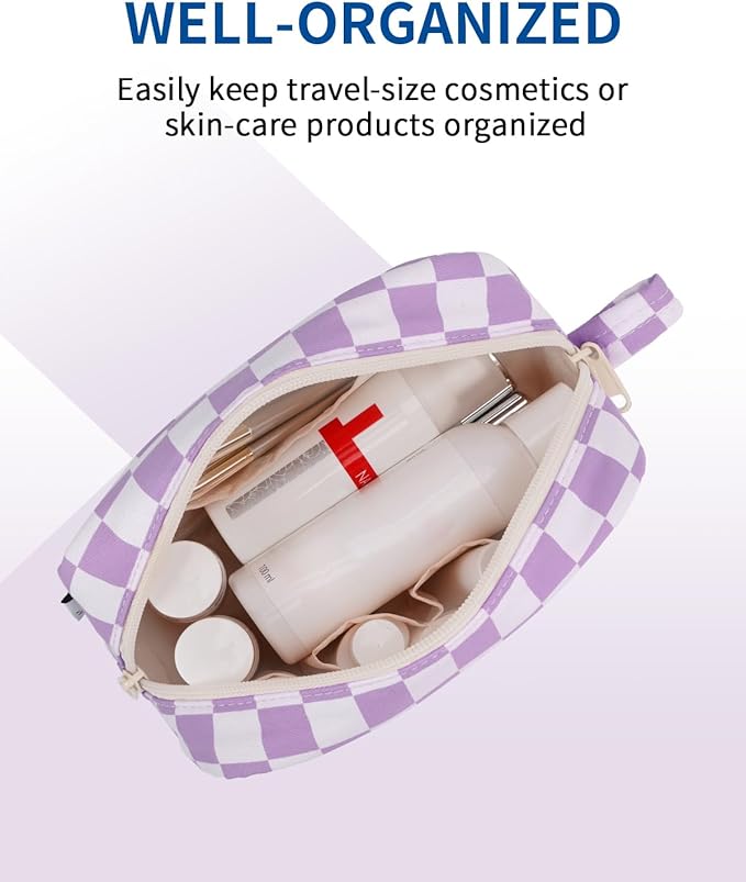 Narwey Small Checkered Makeup Bag for Purse Travel Makeup Pouch Mini Cosmetic Bag Zipper Pouch for Women (Purple Checkerboard, Small)