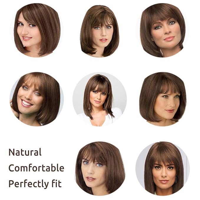 Onpep Short Straight Bob Wigs with Air Bangs Honey Brown Wig for Women Shoulder Length Heat Resistant Fiber Hair Wigs