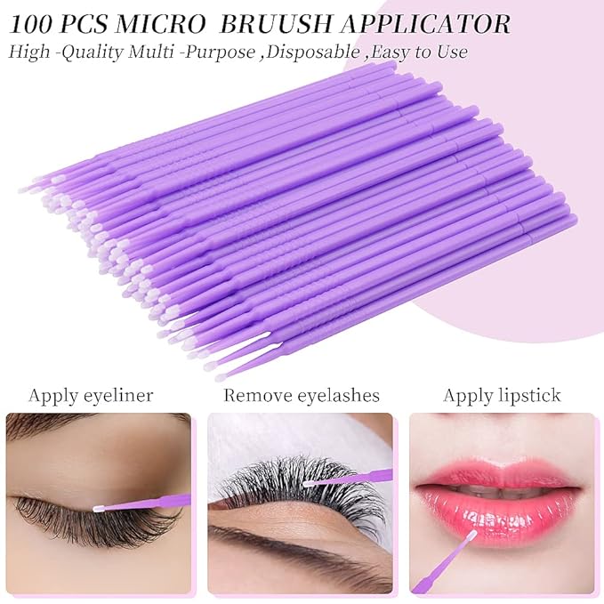 300 PCS Eyelash Extension Supplies Kit Disposable Micro Swab Brush Eyebrow Spoolies Lip Stick Brush Mascara Wand Applicator Makeup Brush Tool (Purple Sets)