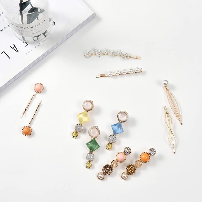 Mehayi 20 PCS Pearls and Acrylic Resin Hair Clips, Handmade Hair Barrettes, Marble Alligator bobby pins, Glitter Crystal Geometric Hairpin, Elegant Gold Hair Accessories, Gifts for Women Girls