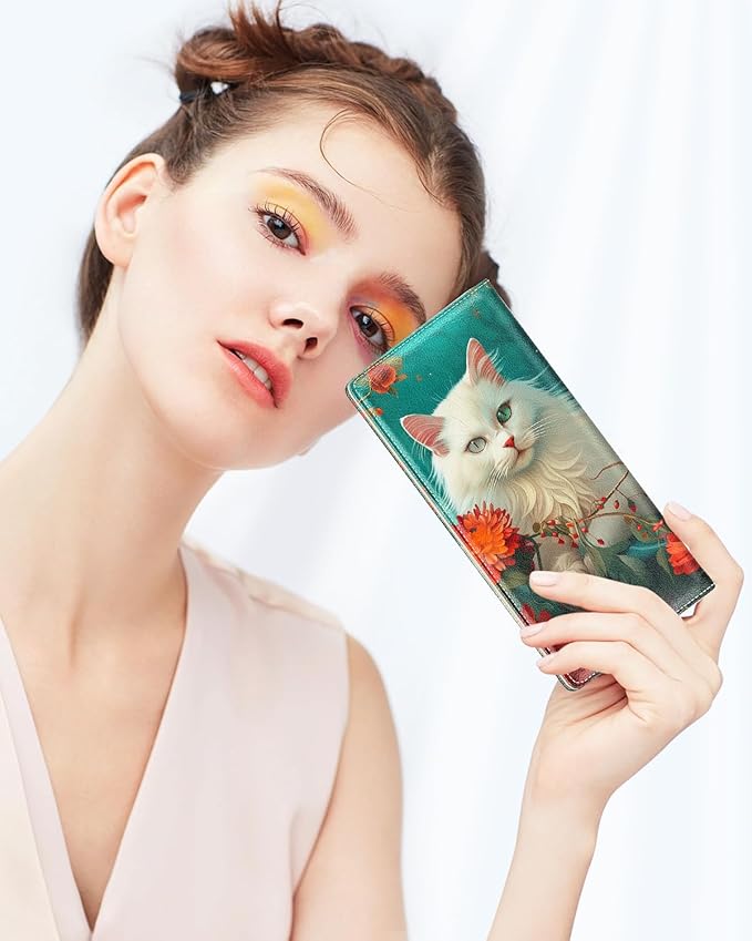 Nipichsha Womens Wallet, RFID Slim Wallets for Women, Thin Ladies Credit Card Holder Purse, Cute Leather Bifold Clutch Billfold with 11 Card Slots & ID Window, Elegant Cat