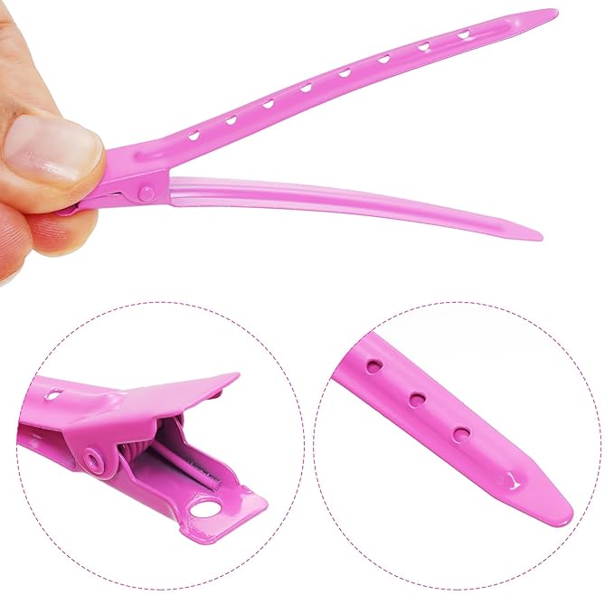 24 Packs Duck Bill Clips, Bantoye 3.35 Inches Rustproof Metal Alligator Curl Clips with Holes for Hair Styling, Hair Coloring, Rose Red