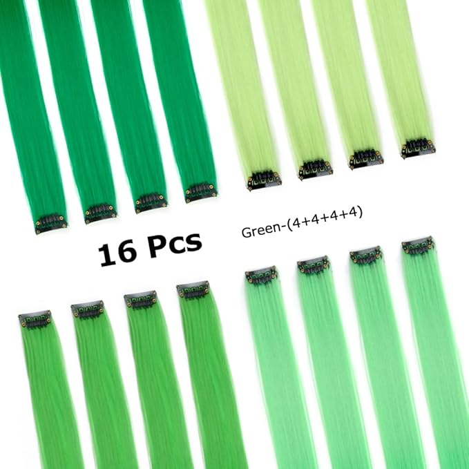 16Pcs Green Colored Clip in Hair Extension Multi-colors Party Highlights Synthetic 20inch Color Hairpiece Halloween Cosplay Party Christmas New Year Gift for Women Kids Girls (Mix Green)