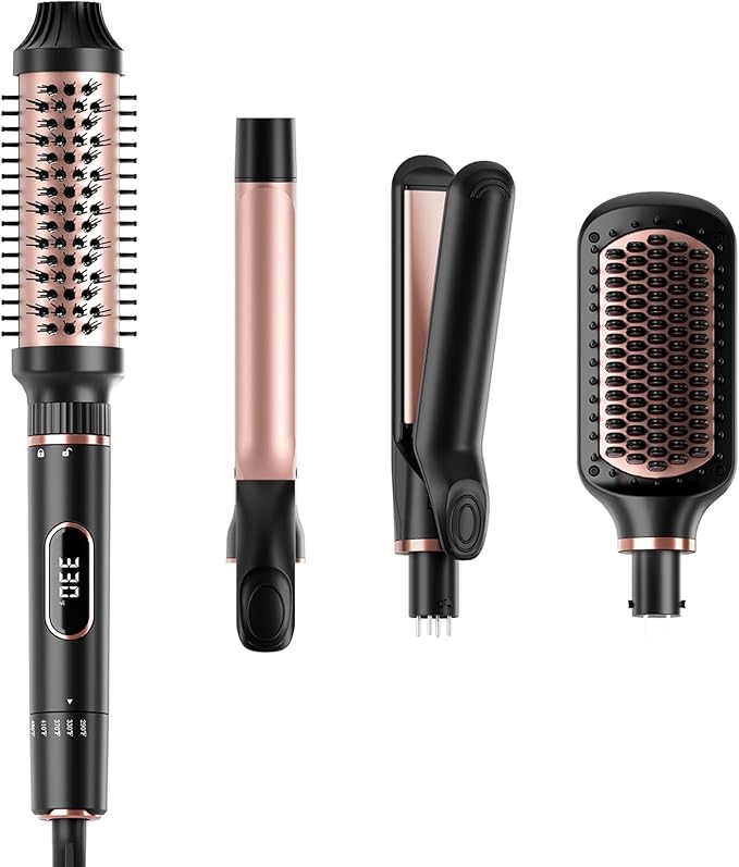 Nicebay Hair Straightening Brush Set with Thermal Brush Flat Iron, 1 Inch Ceramic Curling Iron, 5 Adjustable Temps Professional Fast Heat with Glove, Dual Voltage for Travel, Women Gifts