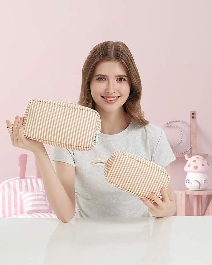 Narwey Small Makeup Bag for Purse Travel Makeup Pouch Mini Cosmetic Bag Zipper Pouch for Women (Brown Stripe, Small)
