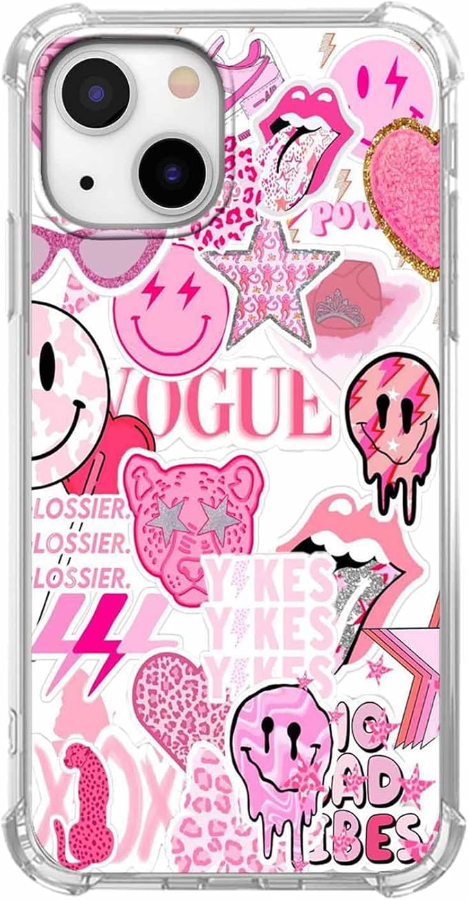 Case for iPhone 14 with Pink Design,Aesthetic Hippie Indie Popular Elements Pattern,Shockproof Soft TPU Bumper Phone Cover(14,Pink)