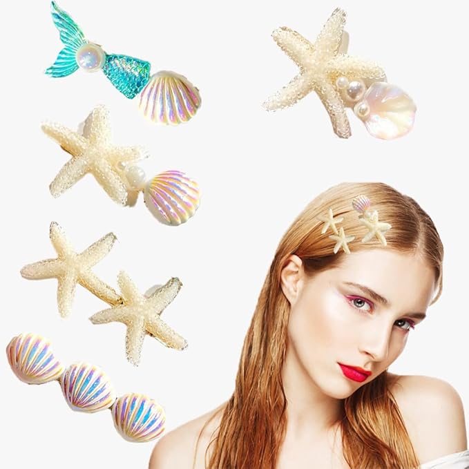 5 Pcs Starfish Seashell Hair Clips Mermaid Costume Pearl Beach Ocean Hair Accessories Women and Girls (Off-white)