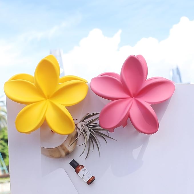 Hawaiian Plumeria Hair Accessories - 6 Pack Large Claw Clips for Thick and Thin Hair, Beach Tropical Hair Clips for Women and Girls -Dopamine