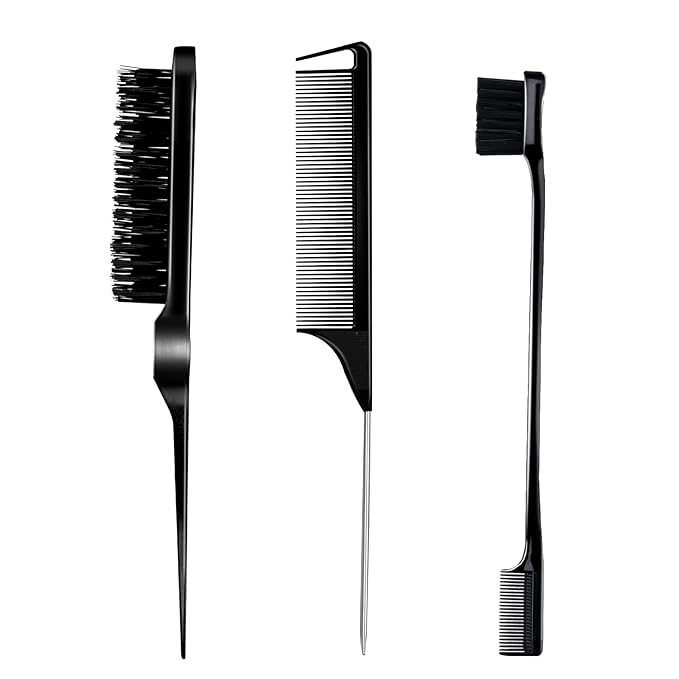 3 Pieces Comb Set for Teasing, Edge & Back Brushing - Rat Tail & Edge Combs for Styling Women's Hair (Black)