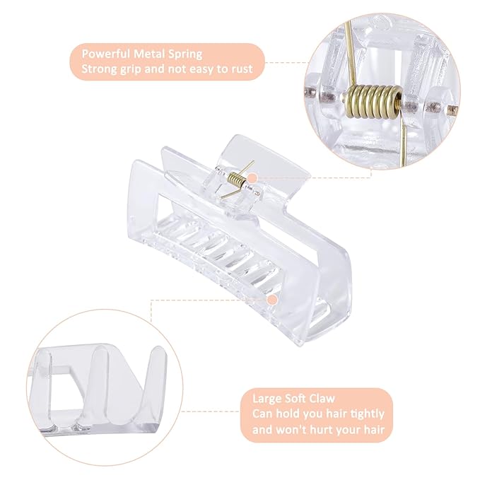 12 Pcs Rectangle Hair Clips, Hair Accessories for Women and Girls, Including 6 Pcs 4 Inch Large Claw Clips for Thick Hair and 6 Pcs 2 inch Small Hair Claw Clips for Thin Hair (Clear)