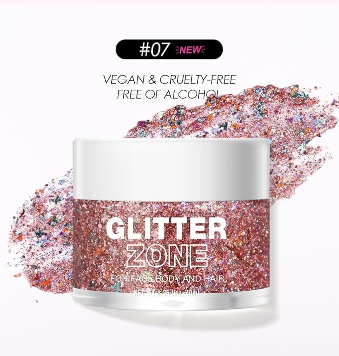 Holographic Body Glitter Gel - Cosmetic-Grade, Halloween Glitter Makeup Glitter for Face, Body, and Hair, Safe and Easy to Use, Perfect for Festivals Parties (07 Pink Stardust)