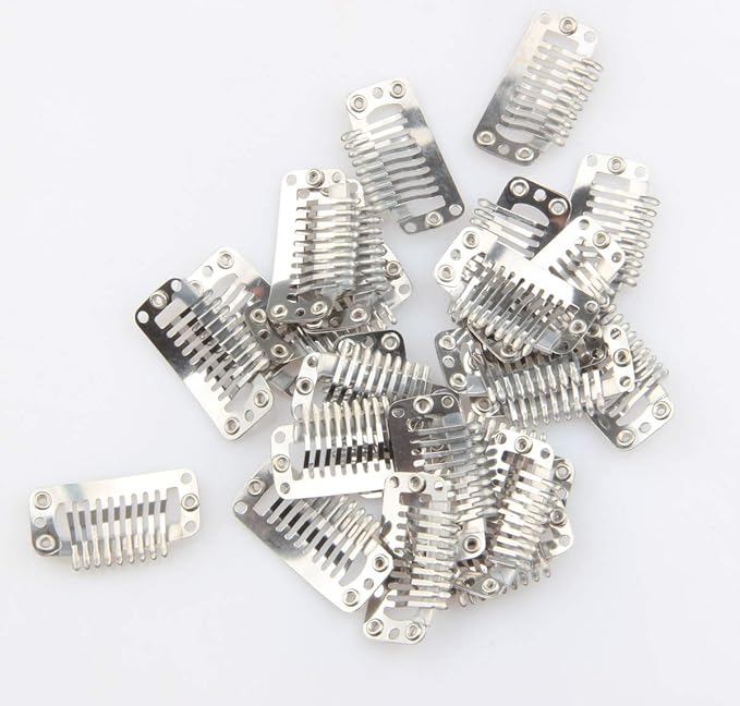 20pcs Metal Snap Clips for Hair Extensions DIY Stainless Steel Wig combs Hair Wig Cap Wig 9-Teeth 32mm 1.2g/pc (Silver color)