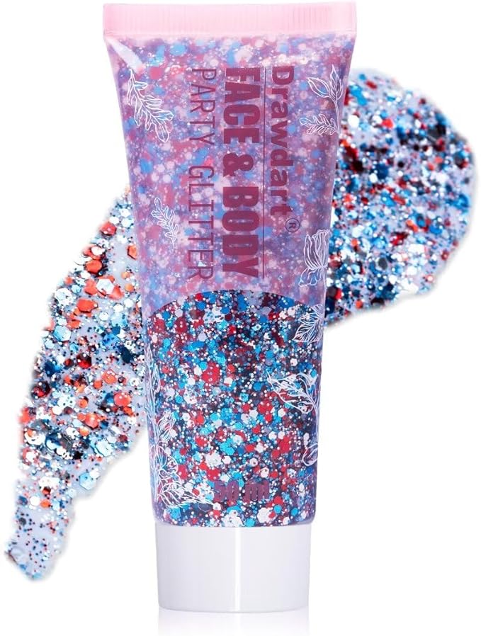 USA Flag Pride Body Glitter,4th of July Hair Glitter Gel,Festival Rave Glitter Face Makeup,Sparkling Chunky Body Glitters,Independence Day Patriotic Accessories,50ml