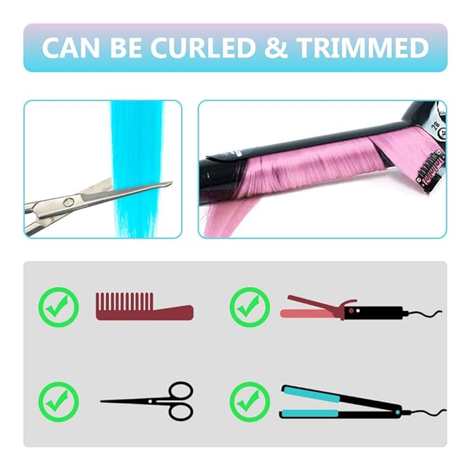 22 Inch Colored Hair Extensions 10 PCS, Colorful Party Highlights Clip in Synthetic Hair Extensions, Sky Blue/Light Pink Hairpieces for Girls Women Kids Doll Party Cosplay Gifts