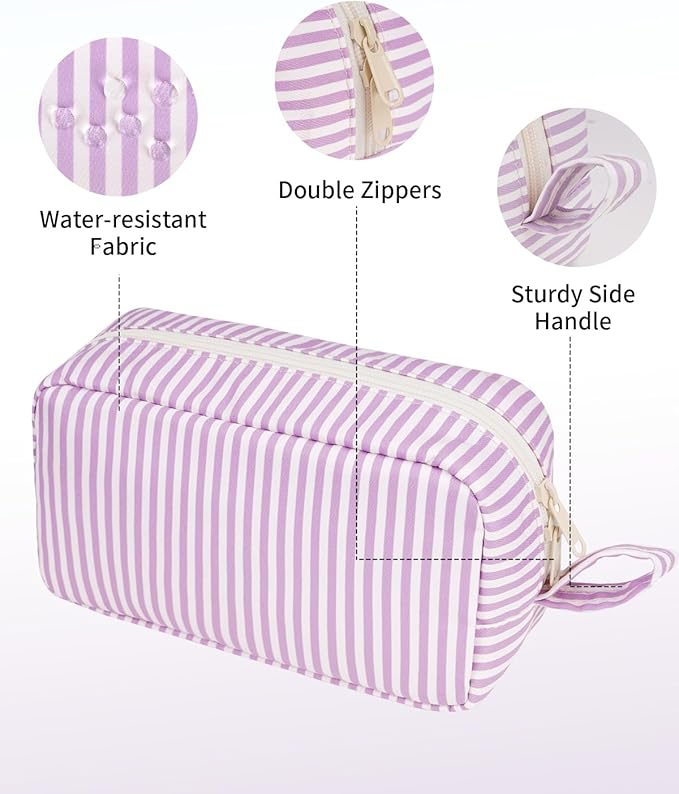 Narwey Cute Makeup Bag Small Toiletry Bag Travel Cosmetic Bag Organizer Make Up Bags with Organized Pockets for Women (Purple Stripe, Large)
