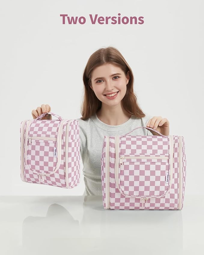 Narwey Small Checked Hanging Travel Toiletry Bag for Women, Travel Bag for Toiletries, Makeup Bag Organizer Cosmetic Bags Make Up Bags for Women (Dusty Rose Checkerboard)