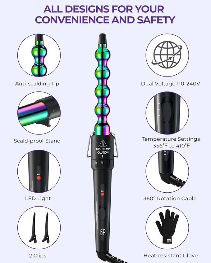 5 in 1 Curling Wand Set: Ohuhu Curling Iron Wand 5Pcs 0.35 to 1.25 Inch Interchangeable Ceramic Barrel Heat Protective Glove 2 Clips Dual Voltage Hair Curler for Girls Women Mother Gift Rainbow