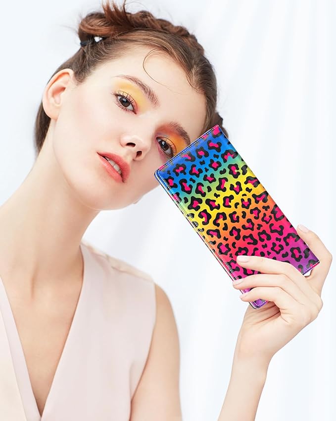 Nipichsha Womens Wallet, RFID Slim Wallets for Women, Thin Ladies Credit Card Holder Purse, Cute Leather Bifold Clutch Billfold with 11 Card Slots & ID Window, Colorful Leopard Print