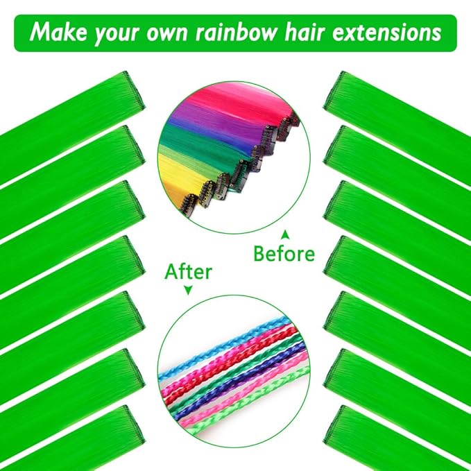 14 PCS Colored Clip In Hair Extensions 20 Inch Colorful Party Highlights Clip In Straight Rainbow Hairpieces, Halloween Cosplay Christmas New Year Gift For Women Kids Girls, Light Green