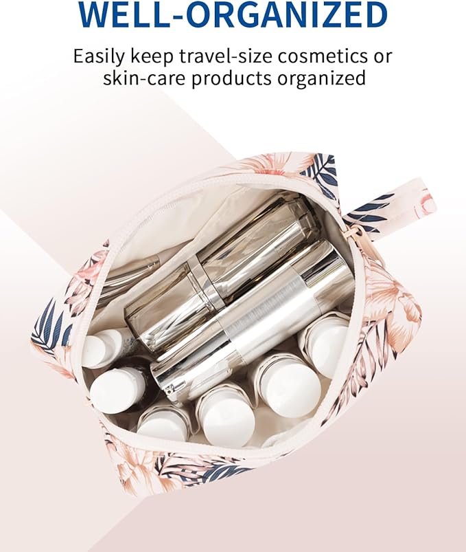 Narwey Small Makeup Bag for Purse Travel Makeup Pouch Mini Cosmetic Bag Zipper Pouch for Women (Beige Flamingo, Small)