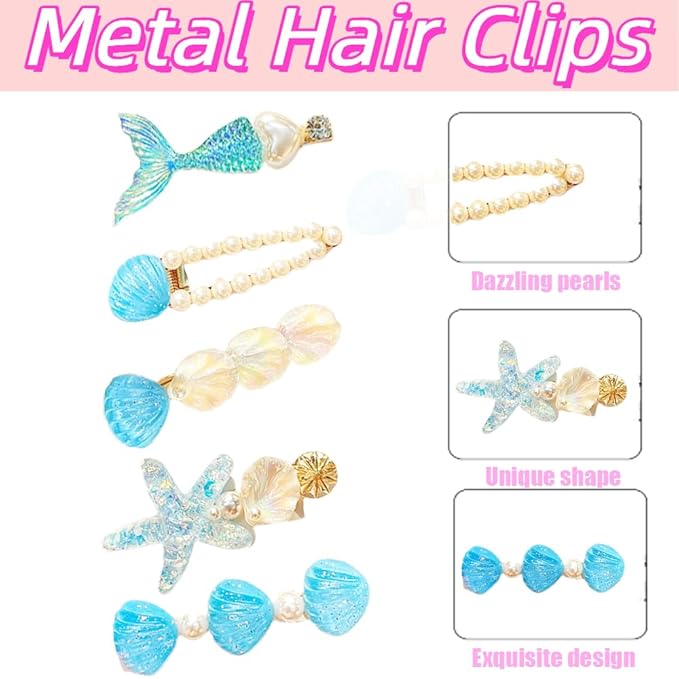 5 Pcs Starfish Seashell Hair Clips Mermaid Costume Pearl Beach Ocean Hair Accessories Women and Girls (Blue)