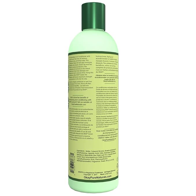OKAY | Green Tea Nourishing Antioxidant Rich Conditioner | For All Hair Types & Textures | Revitalize - Rejuvenate - Restore | With Tea Tree Oil | Free of Paraben, Silicone, Sulfate | 12 oz , pale green