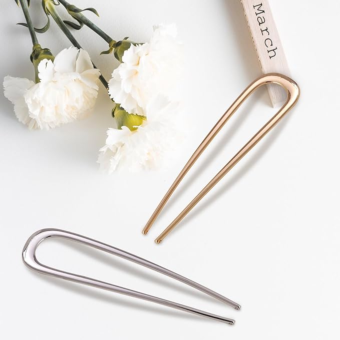 2Pcs French Hair Pins for Thick Hair, Metal French Twis Hair Pins for Women Girls, U-Shaped French Pin for Buns, 5.5 Inches Large French Pins Hairstyle Accessories (Silver, Gold)