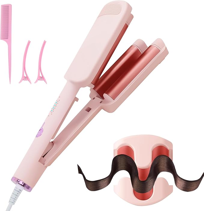 CHIKYO 3 Barrel Rovy Wave Curling Iron, 1.25 Inch Hair Crimper Waver, Beach Waves Curling Wand, Deep Waver Hair Curler Hot Tool with Ceramic Hair Curler for Women, Dual Voltage, Easy to Use,1.4m Cord