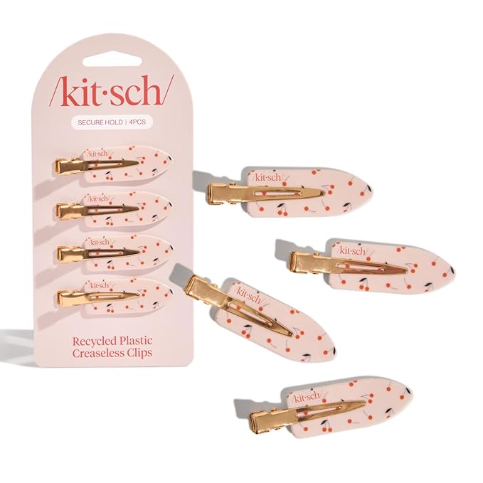 Kitsch Creaseless Hair Clips for Women - No Bend, No Crease Hair Clips For Styling, Makeup Application and Face Wash - Recycled Acrylic - Cherry Print, 4pcs