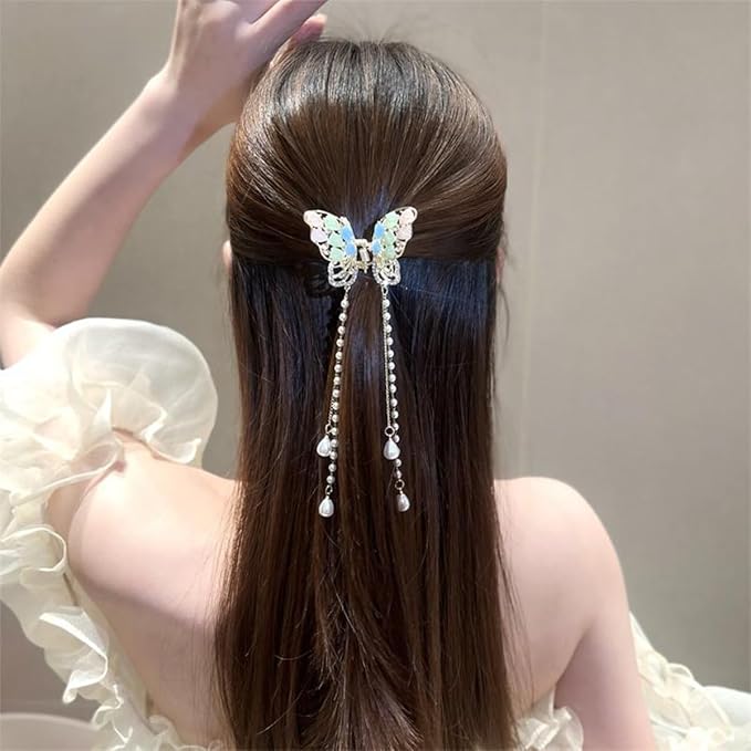 3 Pieces Butterfly Hair Claw Clip With Tassel and Rhinestone - Metal Non-Slip Hair Clamps - Exquisite Styling Accessories for Women and Girls