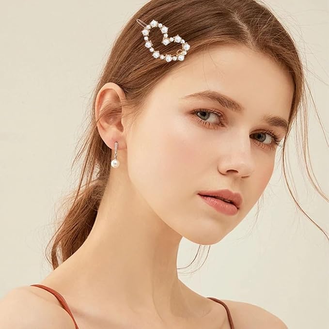 6PCS Pearl Heart Hair Clip, Hollow Boho Hair Barrette Non-Slip Metal Hairpin Valentines Wedding Prom Decorative for Women Girls Elegant Styling Hair Accessories