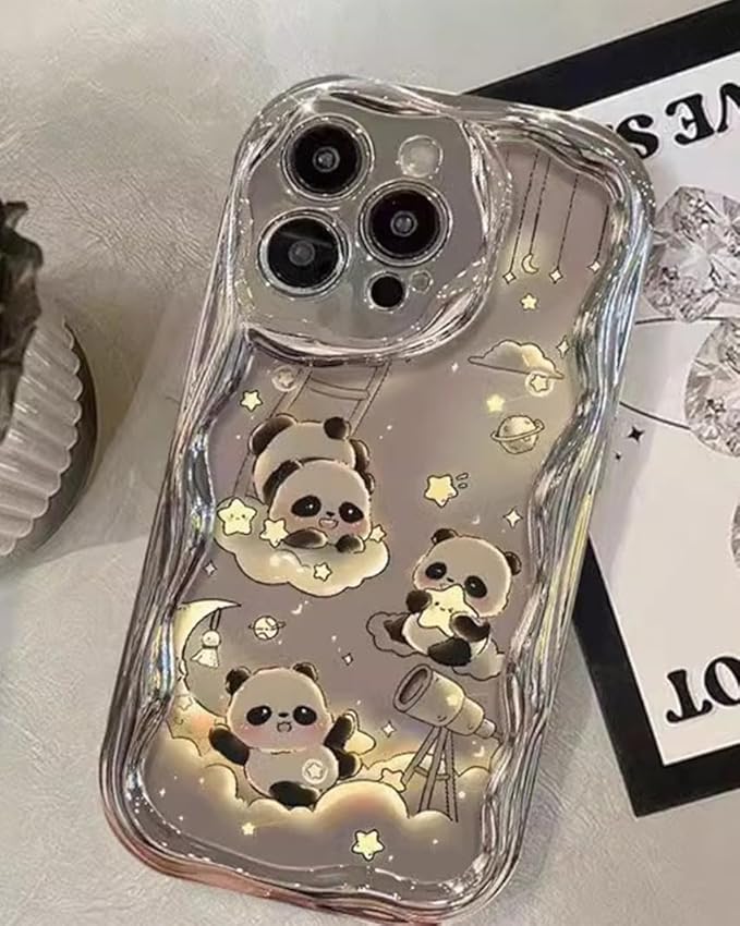 for iPhone 16 Pro Max Case for Women Girls with Bead Phone Charm Strap,3D Cute Bear Design with Curly Wave Frame,Luxury Plating Silver Soft TPU Bumper Girly Phone Case for iPhone 16 Pro Max