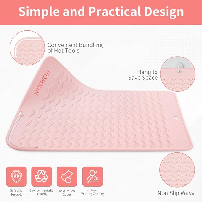 Oversize Large Silicone Heat Resistant Mat, 13.19" x 10.24" Professional Heat Mat for Curling Iron, Portable Vanity Decor Makeup Mat with Velcro Cover for Travel Vanity Salon (Pink)