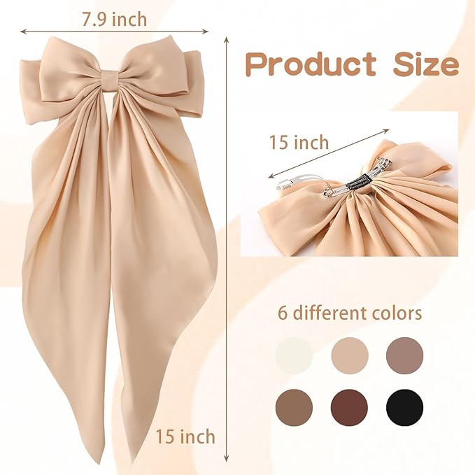 6 PCS Hair Bows for Women, Big Bow Hair Clips for Girls, Silky Satin Hair Bows Clips Oversized Long Tail, Large Hair Barrettes Cute Aesthetic Hair Accessories, Metal Bow Hair Clips Neutral Color