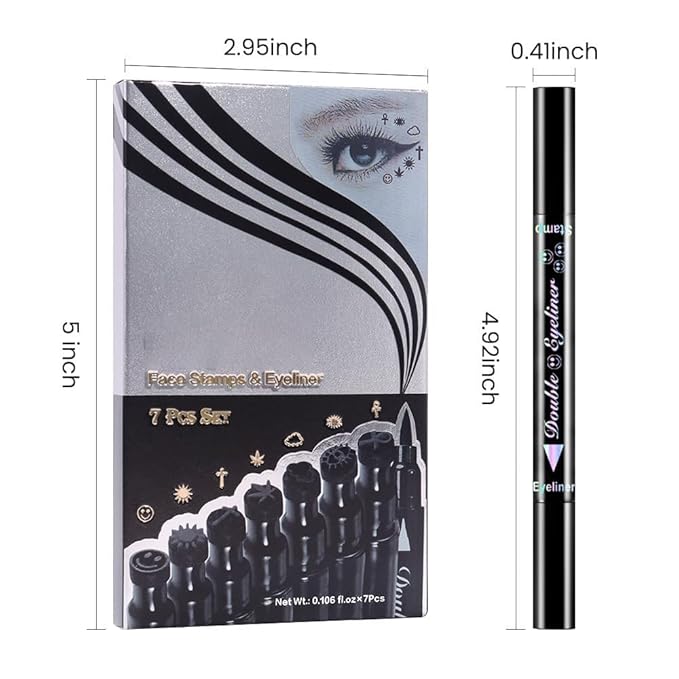7Pcs Colored Liquid Eyeliners with Face Stamps – Black Brown Purple Blue Red Pink Green Star Flower Heart Moon Triangle Stamps for Cosplay & Gothic Makeup – Beginner-Friendly (multicolor-7Pcs-set02)